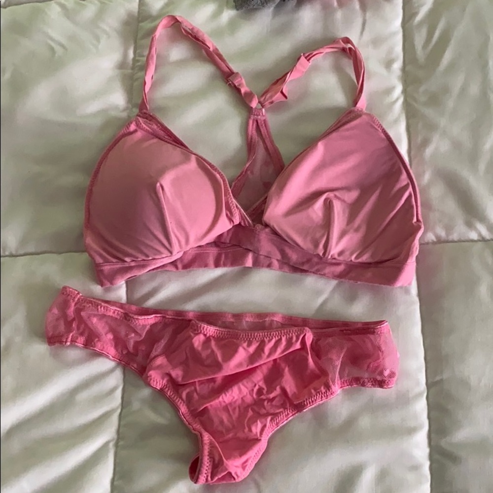 Pink, garage bra and underwear.